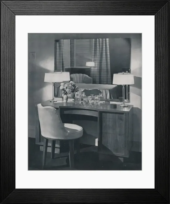 Framed Print : Dressing table in American walnut with swivel dressing chair to match, 1942 Framed Print : Dressing table in American walnut with swivel dressing chair to match, 1942