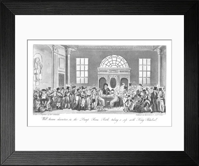 Framed Print : Well known Characters in the Pump Room, Bath, taking a sip with King Bladud, 1825 Framed Print : Well known Characters in the Pump Room, Bath, taking a sip with King Bladud, 1825