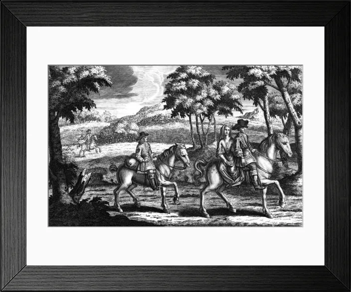 Framed Print : King Charles the 2nd in Disguise rideing before Mrs Lane... (early 18th century) Framed Print : King Charles the 2nd in Disguise rideing before Mrs Lane... (early 18th century)