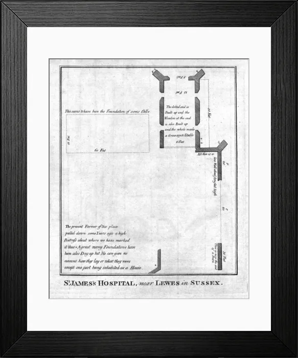 Framed Print : Plan of St Jamess Hospital near Lewes in Sussex, late 18th-early 19th century Framed Print : Plan of St Jamess Hospital near Lewes in Sussex, late 18th-early 19th century