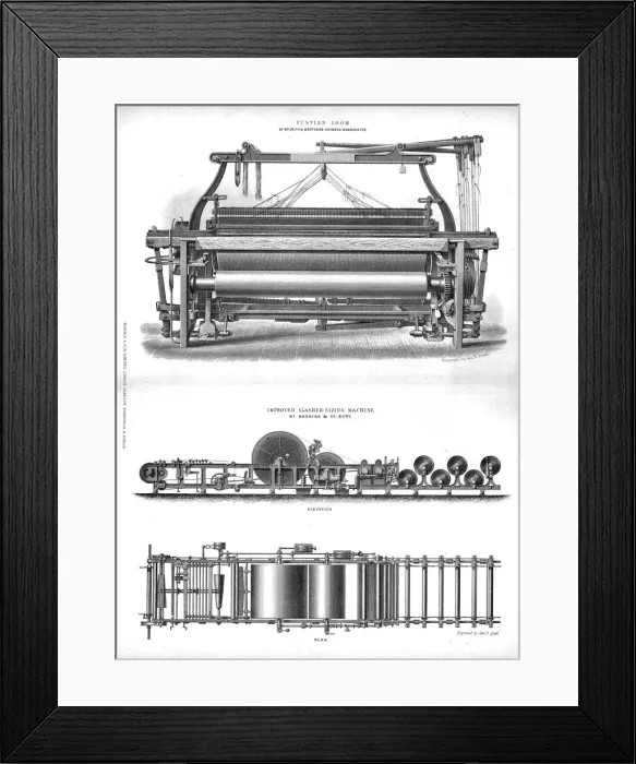 Framed Print : Fustian Loom and Improved Slasher-Sizing Machine, late 19th century? Artist: George B Smith Framed Print : Fustian Loom and Improved Slasher-Sizing Machine, late 19th century? Artist: George B Smith
