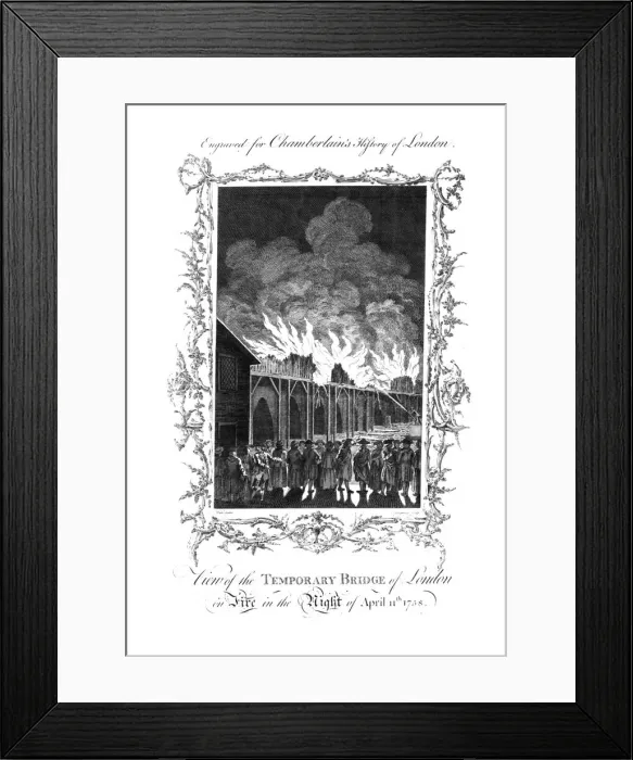 Framed Print : View of the Temporary Bridge of London on Fire... 1758. c1770. Artist: Charles Grignion Framed Print : View of the Temporary Bridge of London on Fire... 1758. c1770. Artist: Charles Grignion