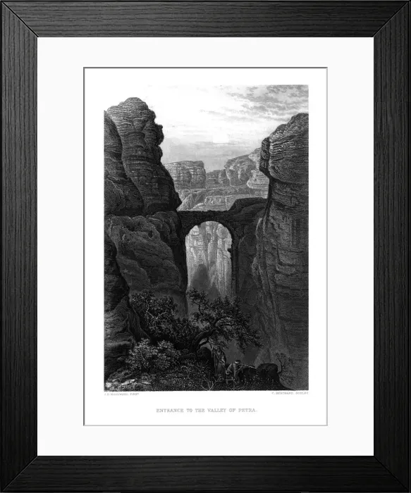 Framed Print : Entrance to the Valley of Petra. c1880. Artist: John Douglas Woodward Framed Print : Entrance to the Valley of Petra. c1880. Artist: John Douglas Woodward