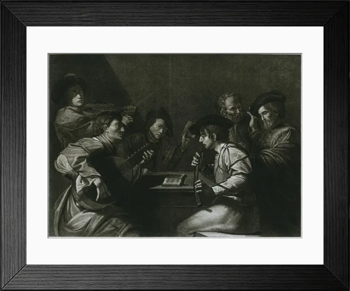 Framed Print : Lute, violin and black (curved) zink; Italian engraving of the year 1784, 1948 Framed Print : Lute, violin and black (curved) zink; Italian engraving of the year 1784, 1948