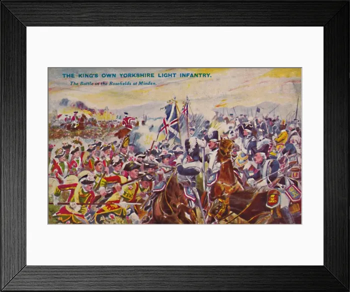 Framed Print : The Kings Own Yorkshire Light Infantry. The Battle in the Rosefields at Minden, 1759, (1939) Framed Print : The Kings Own Yorkshire Light Infantry. The Battle in the Rosefields at Minden, 1759, (1939)
