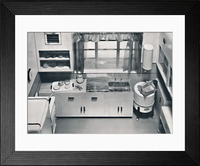 Framed Print : View of a kitchen, designed by H. M. V. Household Appliances, 1938 Framed Print : View of a kitchen, designed by H. M. V. Household Appliances, 1938