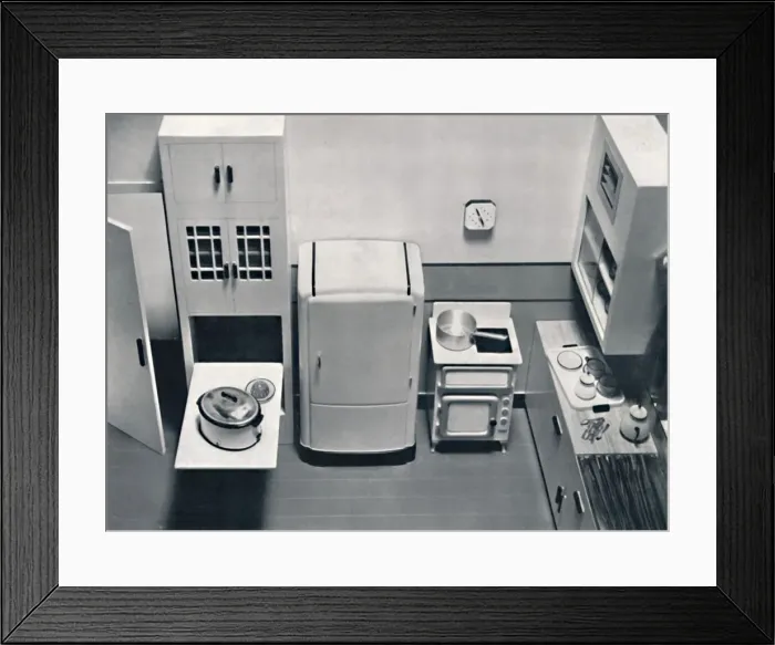 Framed Print : View of a kitchen, designed by H. M. V. Household Appliances, 1938 Framed Print : View of a kitchen, designed by H. M. V. Household Appliances, 1938