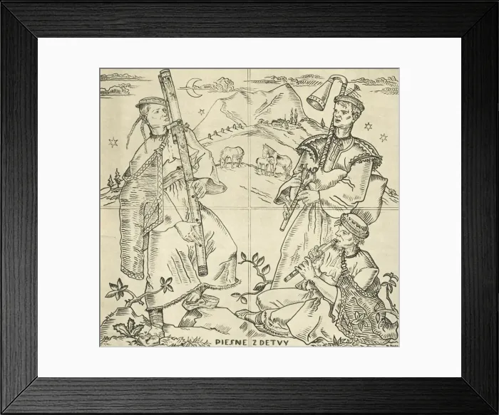 Framed Print : Slovak fuyara, bagpipes and pipe. Sketch for sgraffito work on the bridge in Piest any Framed Print : Slovak fuyara, bagpipes and pipe. Sketch for sgraffito work on the bridge in Piest any