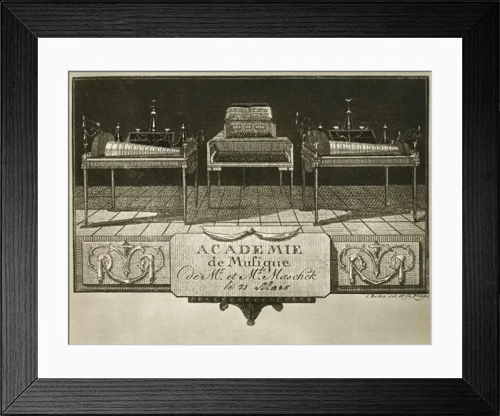 Framed Print : Glass harmonicas and keyboard chimes; engraving from the first half of the nineteenth century Framed Print : Glass harmonicas and keyboard chimes; engraving from the first half of the nineteenth century