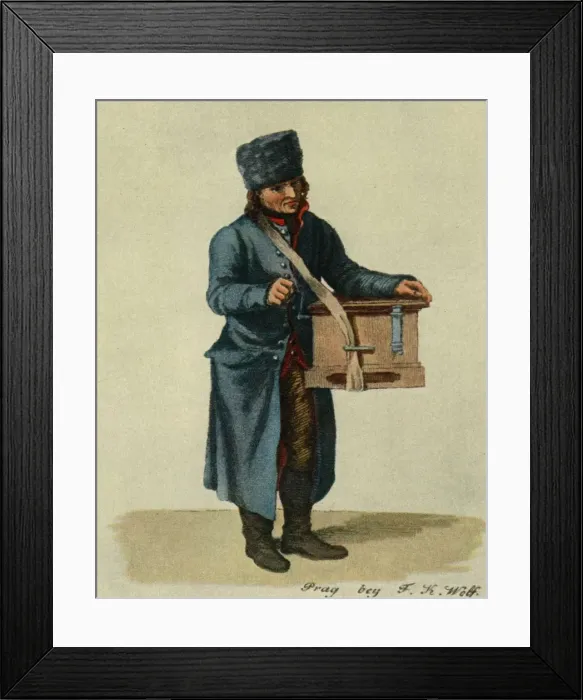 Framed Print : Hooked harp and barrel-organ. Types of Prague musicians, 1948 Framed Print : Hooked harp and barrel-organ. Types of Prague musicians, 1948