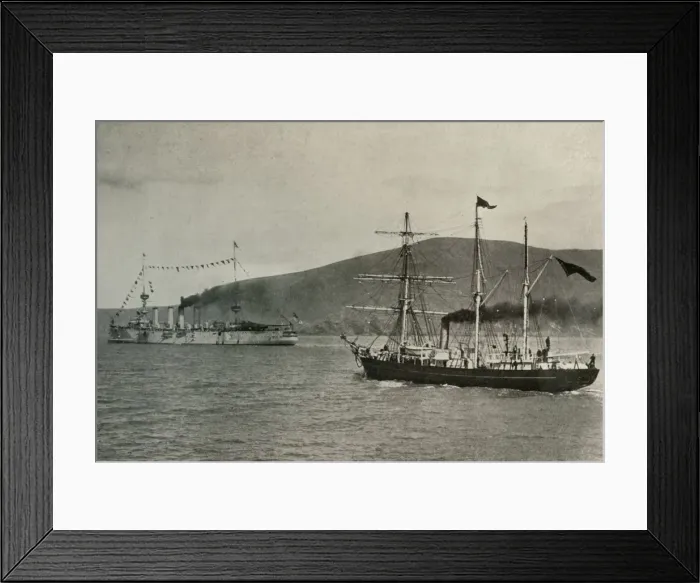 Framed Print : The Nimrod Passing H.M.S. Powerful... in Lyttelton Harbour, 1 January 1908, (1909)