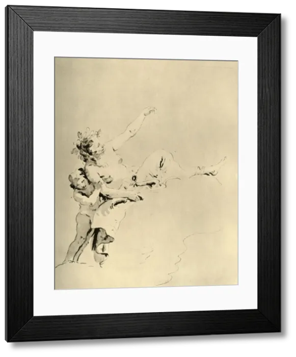 Framed Print : Woman resting on Clouds and supported by a Cupid, mid 18th century, (1928). Artist Framed Print : Woman resting on Clouds and supported by a Cupid, mid 18th century, (1928). Artist