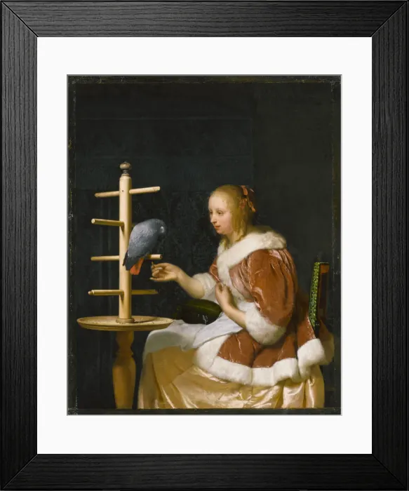 Framed Print : Young Woman Feeding a Parrot, 1663. Creator: Mieris, Frans van, the Elder (1635-1681) Framed Print : Young Woman Feeding a Parrot, 1663. Creator: Mieris, Frans van, the Elder (1635-1681)