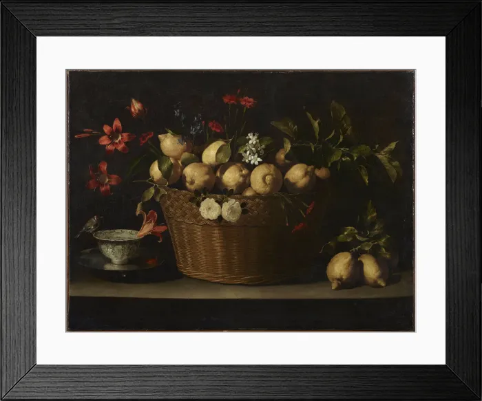 Framed Print : Still Life with Lemons in a Wicker Basket, ca 1643-1649. Creator: Zurbaran, Juan de Framed Print : Still Life with Lemons in a Wicker Basket, ca 1643-1649. Creator: Zurbaran, Juan de
