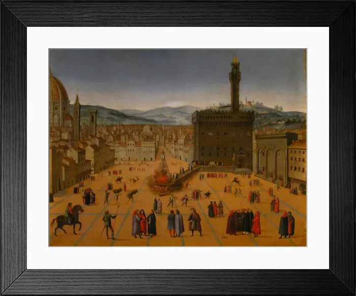 Framed Print : Girolamo Savonarolas execution on the Piazza della Signoria in Florence in 1498, Early 17th cen Framed Print : Girolamo Savonarolas execution on the Piazza della Signoria in Florence in 1498, Early 17th cen