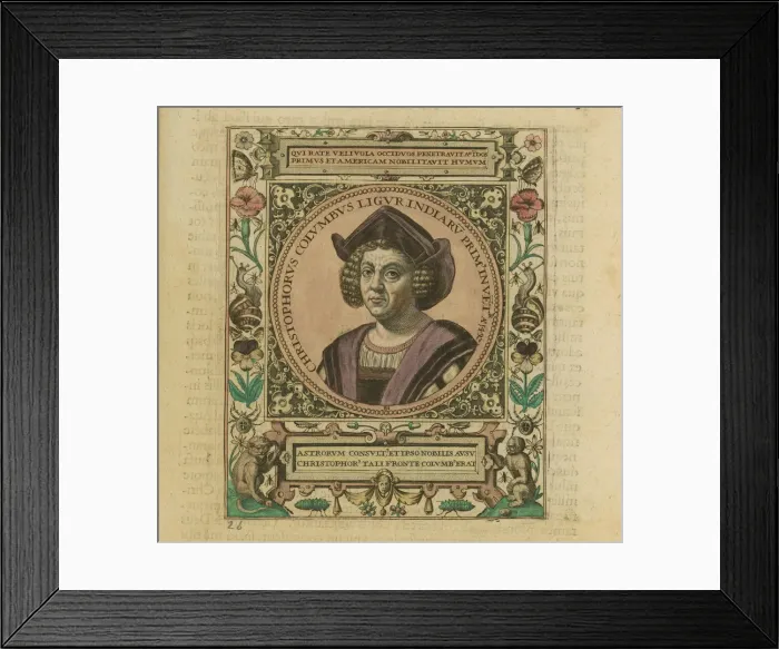 Framed Print : Portrait of Christopher Columbus, 1595. Creator: Bry, Theodor de (1528-1598) Framed Print : Portrait of Christopher Columbus, 1595. Creator: Bry, Theodor de (1528-1598)
