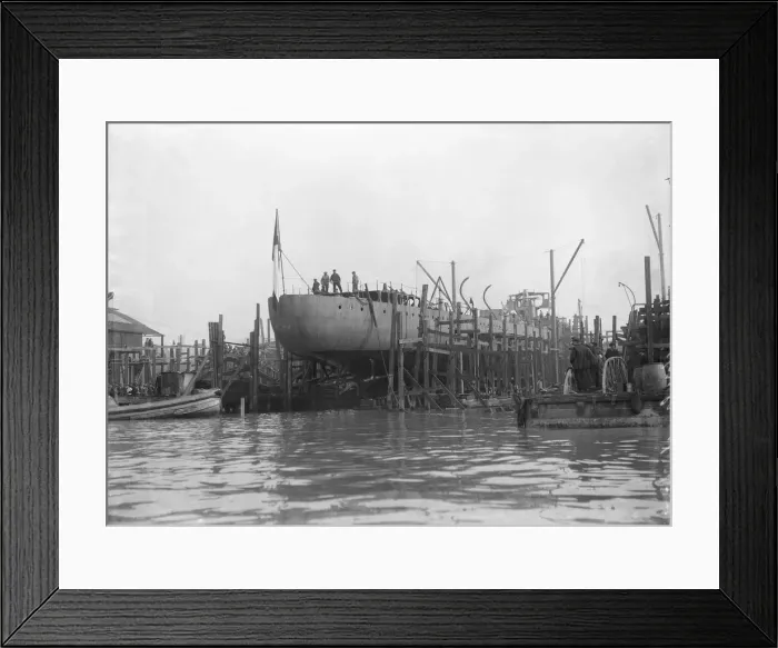 Framed Print : Almirante Simpson before launch at J. Samuel White shipyard, Cowes, 26th February 1914 Framed Print : Almirante Simpson before launch at J. Samuel White shipyard, Cowes, 26th February 1914