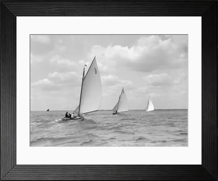 Framed Print : The 6 Metre Correnzia, The Whim and Snowdrop on a run, 1911. Creator Framed Print : The 6 Metre Correnzia, The Whim and Snowdrop on a run, 1911. Creator
