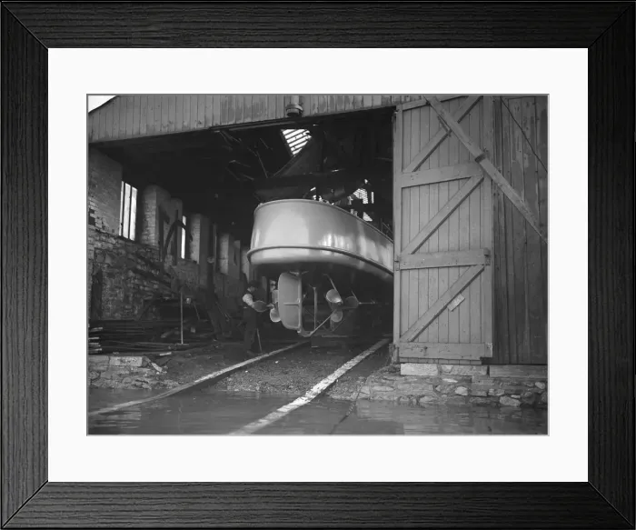 Framed Print : Egyptian motor launch in shed, 1911. Creator: Kirk & Sons of Cowes Framed Print : Egyptian motor launch in shed, 1911. Creator: Kirk & Sons of Cowes