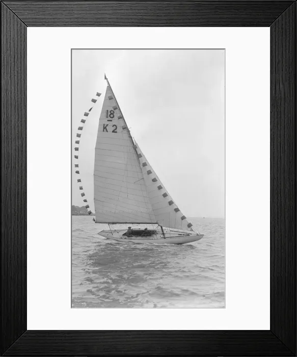 Framed Print : The 18-foot keelboat Prudence (K2) with prize flags, 1922. Creator: Kirk & Sons of Cowes Framed Print : The 18-foot keelboat Prudence (K2) with prize flags, 1922. Creator: Kirk & Sons of Cowes