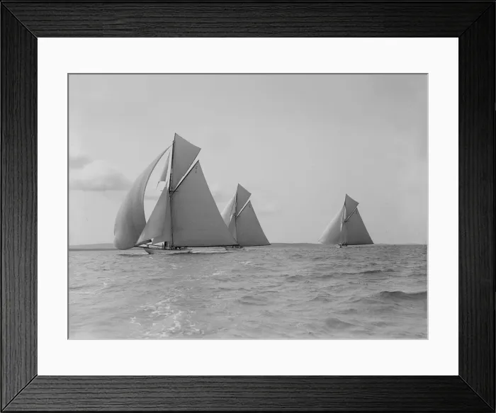 Framed Print : The 19-metre Maraquita, Corona & Octavia racing downwind, 1912. Creator Framed Print : The 19-metre Maraquita, Corona & Octavia racing downwind, 1912. Creator