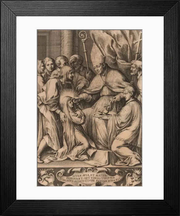 Framed Print : Toribio Alfonso Mogrovejo confirms Rose of Lima, 1670. Creator: Anonymous