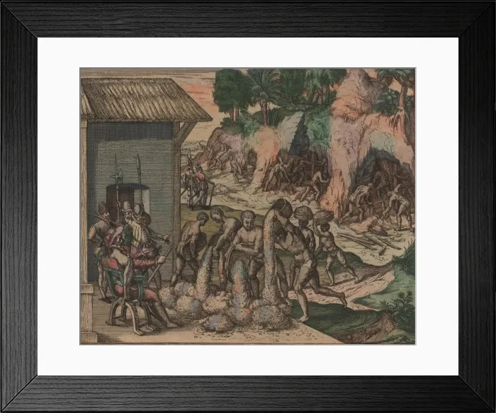 Framed Print : Slaves pour ore in front of European soldiers. In the background, slaves work in the mines, 1595 Framed Print : Slaves pour ore in front of European soldiers. In the background, slaves work in the mines, 1595