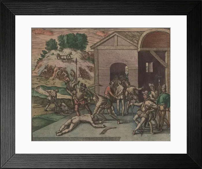 Framed Print : Spanish soldiers observe and carry out the punishment of a slave, 1595. Creator: Bry Framed Print : Spanish soldiers observe and carry out the punishment of a slave, 1595. Creator: Bry