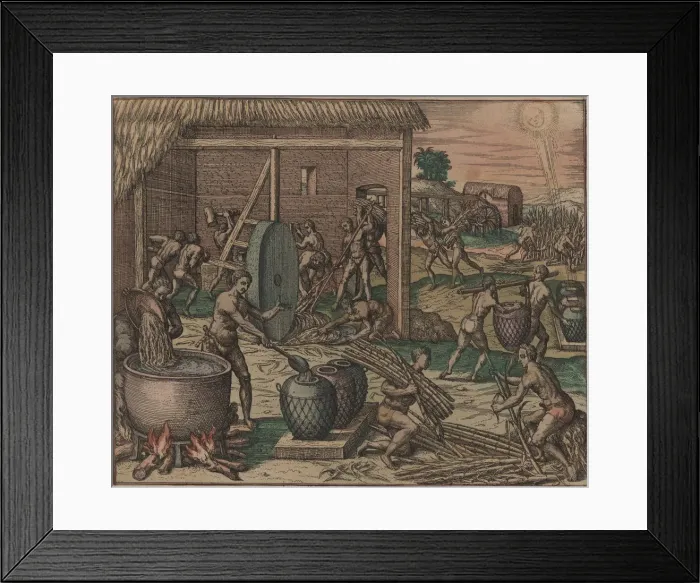 Framed Print : Slaves process sugar cane and make sugar, 1595. Creator: Bry, Theodor de (1528-1598) Framed Print : Slaves process sugar cane and make sugar, 1595. Creator: Bry, Theodor de (1528-1598)
