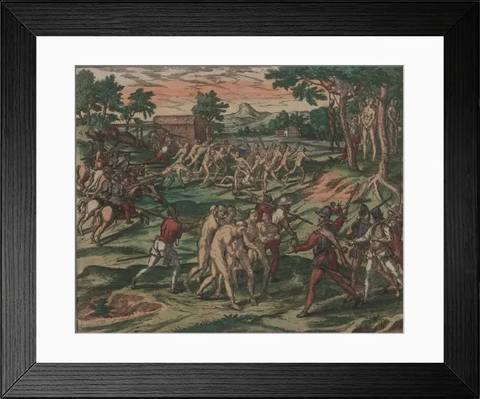 Framed Print : Slaves attempt to overcome their Spanish owners, but are captured and hanged from trees, 1595 Framed Print : Slaves attempt to overcome their Spanish owners, but are captured and hanged from trees, 1595