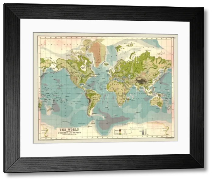 Framed Print : Map of the World showing Heights and Depths, 1902. Creator: Unknown