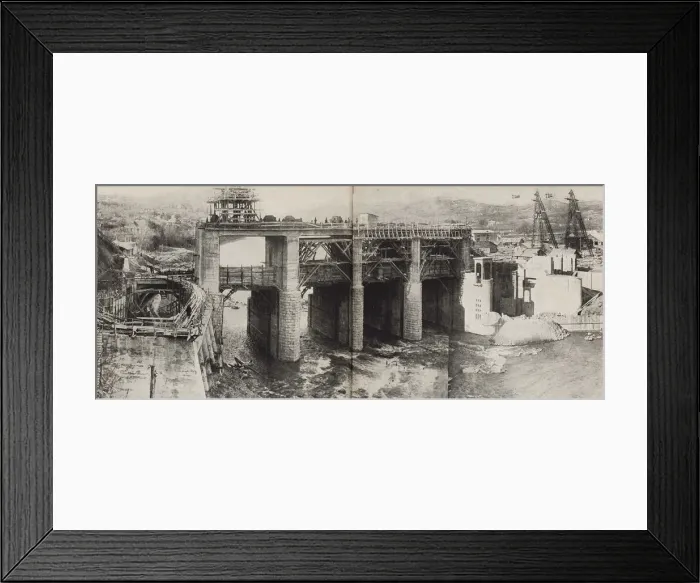 Framed Print : Rioni Hydroelectric Power Plant. Illustration from USSR Builds Socialism, 1933. Creator: Lissitzky Framed Print : Rioni Hydroelectric Power Plant. Illustration from USSR Builds Socialism, 1933. Creator: Lissitzky
