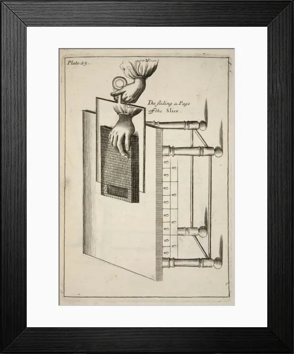 Framed Print : The Sliding a Page off the Slice, pub. 1683 (engraving). Creator: English School (17th Century) Framed Print : The Sliding a Page off the Slice, pub. 1683 (engraving). Creator: English School (17th Century)