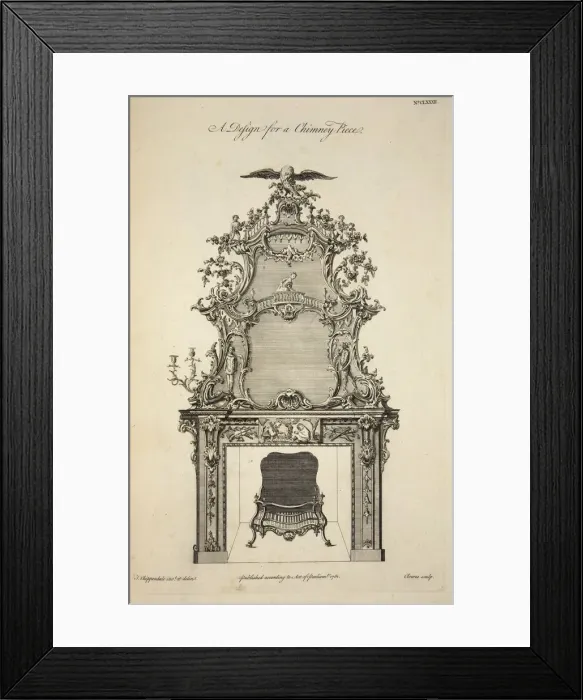 Framed Print : Design for a Chimney Piece, pub. 1761 (engraving). Creator: Thomas Chippendale