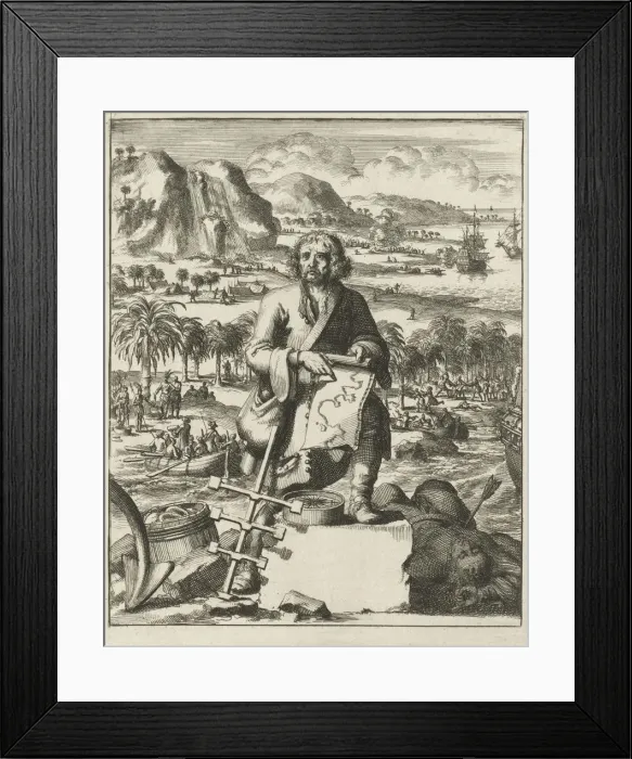 Framed Print : Louis Hennepin landing in North America, pub. 1688 (engraving). Creator: Dutch School Framed Print : Louis Hennepin landing in North America, pub. 1688 (engraving). Creator: Dutch School