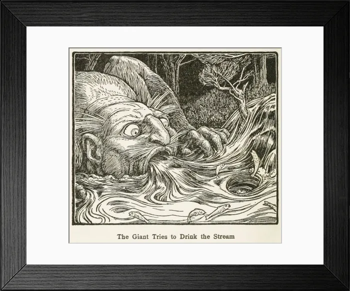 Framed Print : The Giant Tries to Drink the Stream, from Europas Fairy Book, pub. 1916. Creator Framed Print : The Giant Tries to Drink the Stream, from Europas Fairy Book, pub. 1916. Creator