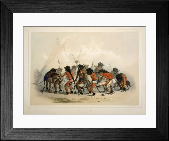 Framed Print : Buffalo Dance, pub. 1845 (colour lithograph). Creator: George Catlin (1796 - 1872) Framed Print : Buffalo Dance, pub. 1845 (colour lithograph). Creator: George Catlin (1796 - 1872)