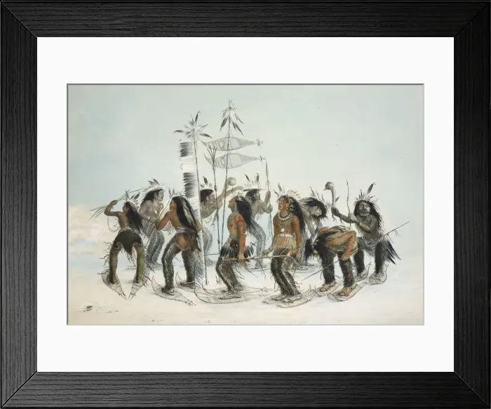 Framed Print : The Snow Shoe Dance, pub. 1845 (colour lithograph). Creator: George Catlin (1796 - 1872) Framed Print : The Snow Shoe Dance, pub. 1845 (colour lithograph). Creator: George Catlin (1796 - 1872)