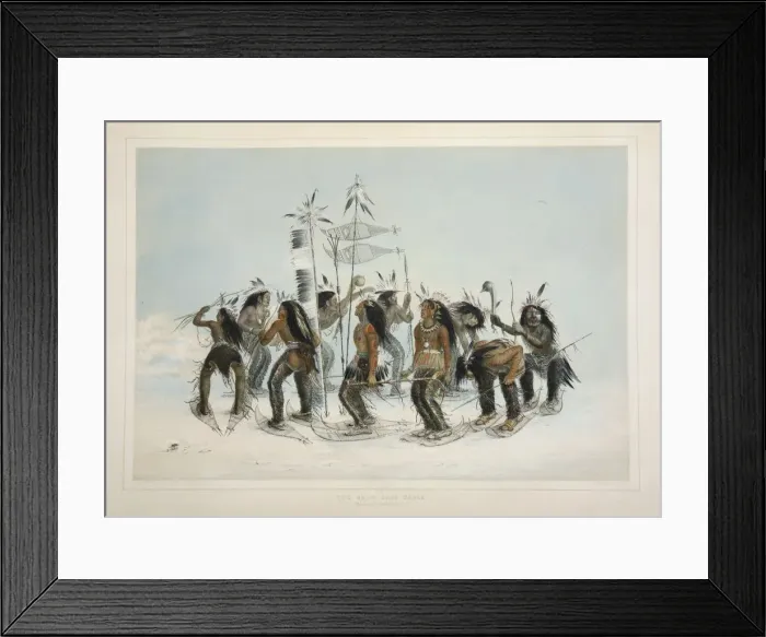 Framed Print : The Snow Shoe Dance, pub. 1845 (colour lithograph). Creator: George Catlin (1796 - 1872) Framed Print : The Snow Shoe Dance, pub. 1845 (colour lithograph). Creator: George Catlin (1796 - 1872)