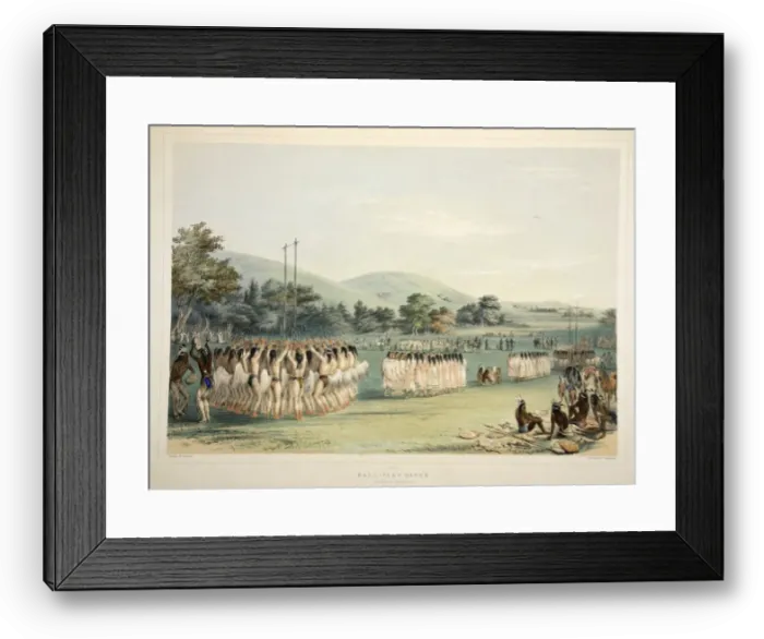 Framed Print : Ball-Player Dance, pub. 1845 (colour lithograph). Creator: George Catlin (1796 - 1872)