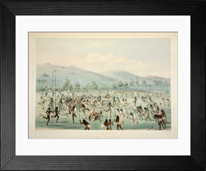 Framed Print : Ball Play, pub. 1845 (colour lithograph). Creator: George Catlin (1796 - 1872) Framed Print : Ball Play, pub. 1845 (colour lithograph). Creator: George Catlin (1796 - 1872)