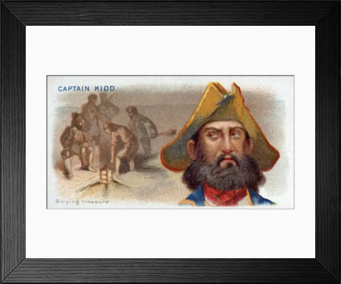 Framed Print : Cigarette Card Captain Kidd, Burying Treasure, pub. 1888 (colour lithograph). Creator Framed Print : Cigarette Card Captain Kidd, Burying Treasure, pub. 1888 (colour lithograph). Creator
