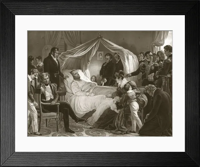 Framed Print : Napoleon on his Deathbed, 5th May 1821, pub. (engraving). Creator: Carl von Steuben Framed Print : Napoleon on his Deathbed, 5th May 1821, pub. (engraving). Creator: Carl von Steuben