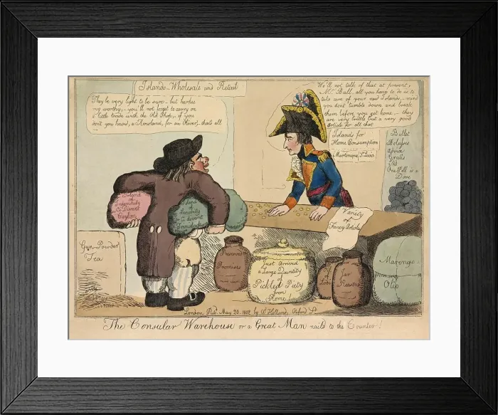 Framed Print : The Consular Warehouse or a Great Man nail d to the Counter, pub. 1802 (hand coloured engraving) Framed Print : The Consular Warehouse or a Great Man nail d to the Counter, pub. 1802 (hand coloured engraving)