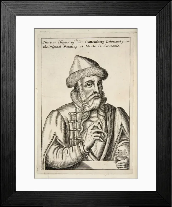Framed Print : John Guttemberg, pub. 1683 (engraving). Creator: Albrecht Mentz (15th Century) after Framed Print : John Guttemberg, pub. 1683 (engraving). Creator: Albrecht Mentz (15th Century) after