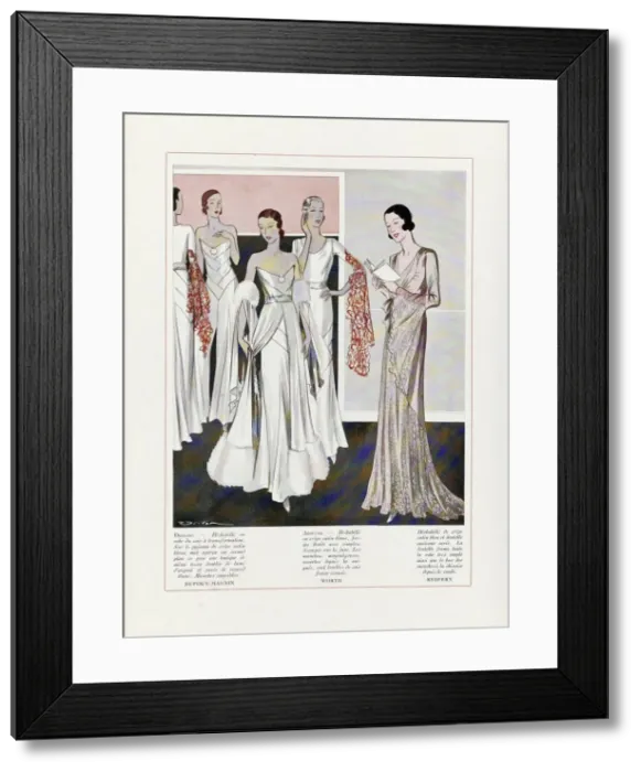 Framed Print : Design for Evening Dresses by Depouy-Magnin, Worth, and Redfern, pub. 1931 (colour lithograph) Framed Print : Design for Evening Dresses by Depouy-Magnin, Worth, and Redfern, pub. 1931 (colour lithograph)