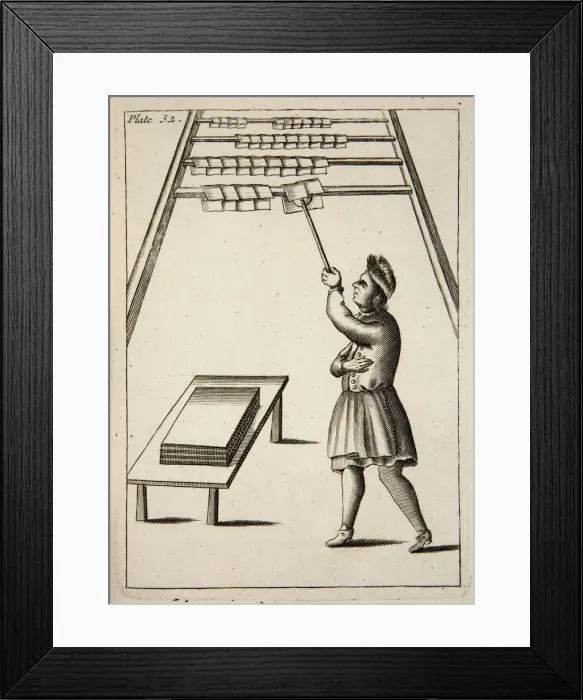 Framed Print : The Pressman Hanging Paper, pub. 1683 (engraving). Creator: English School (17th Century) Framed Print : The Pressman Hanging Paper, pub. 1683 (engraving). Creator: English School (17th Century)