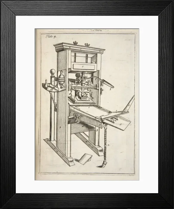 Framed Print : The Printing Press, pub. 1683 (engraving). Creator: English School (17th Century)
