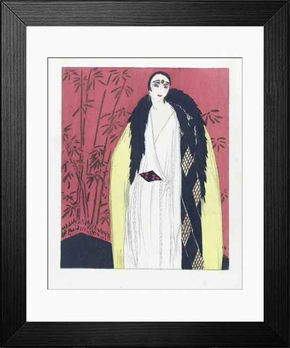 Framed Print : Design for an Evening dress with Fur Trimmed Cape, pub. 1924 (pochoir print). Creator Framed Print : Design for an Evening dress with Fur Trimmed Cape, pub. 1924 (pochoir print). Creator