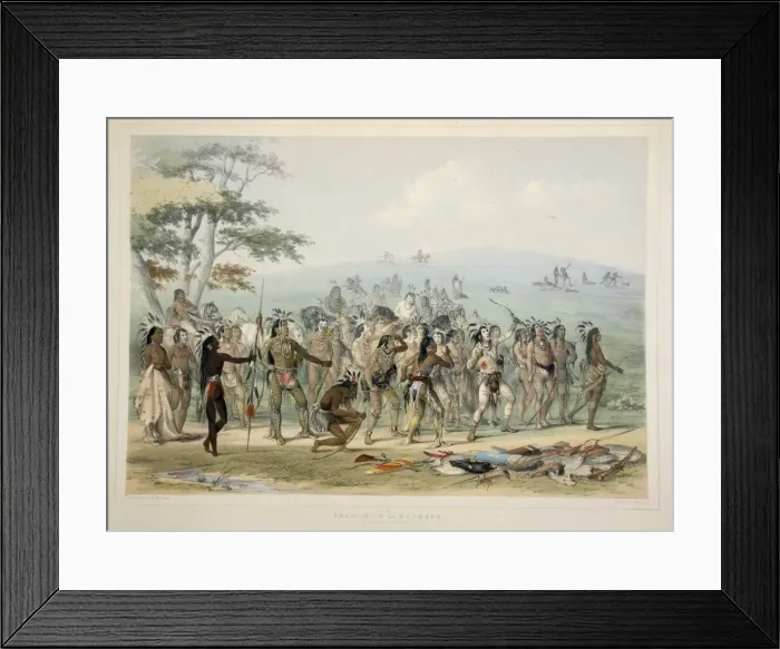 Framed Print : Archery of the Mandans, pub. 1845 (colour lithograph). Creator: George Catlin (1796 - 1872) Framed Print : Archery of the Mandans, pub. 1845 (colour lithograph). Creator: George Catlin (1796 - 1872)